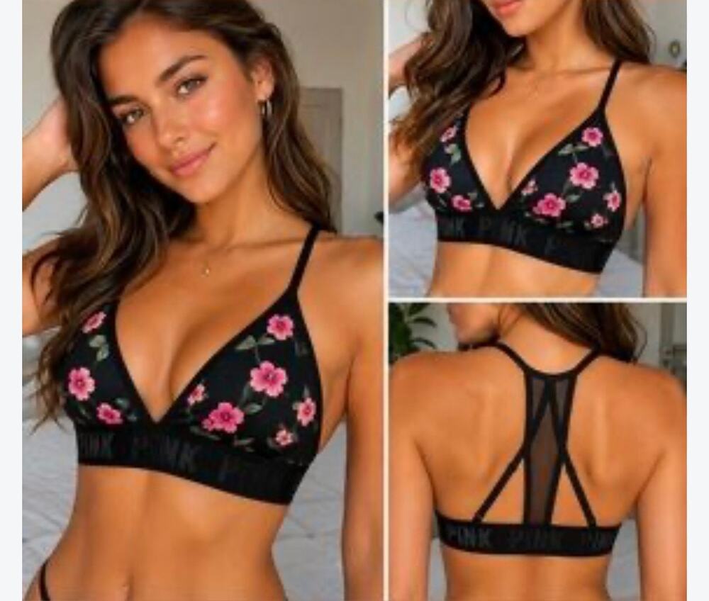 Victoria's Secret PINK Sport Bralette, Black with Pink Flowers, Small